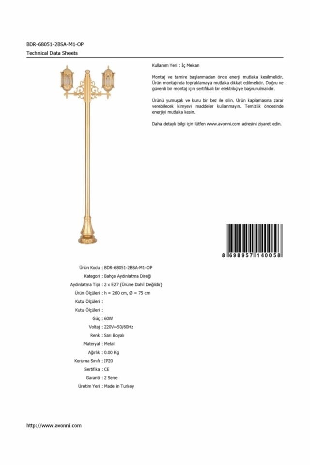 Bahçe Direkleri E27 24W 75cm Alüminyum Sarı Dorbien-BDR-68051-2BSA-M1-OP