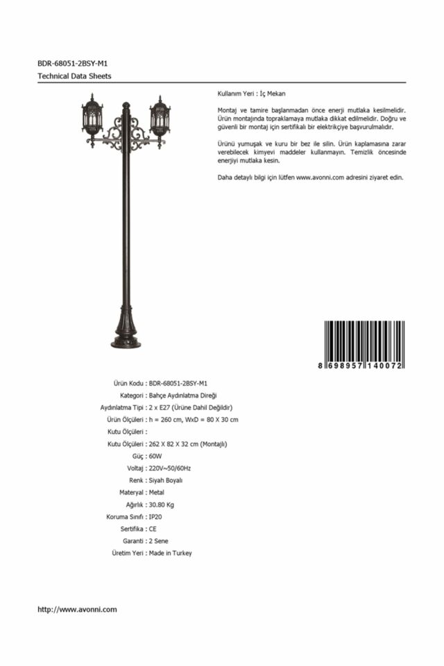 Bahçe Direkleri E27 24W 80x30cm Alüminyum Siyah Dorbien-BDR-68051-2BSY-M1