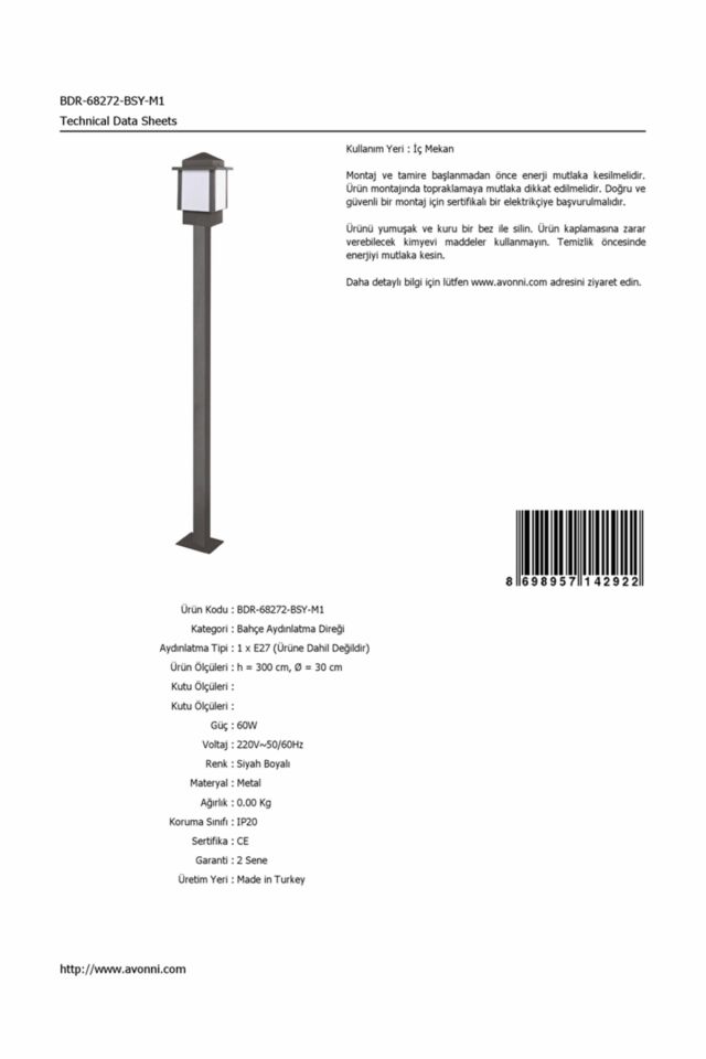 Bahçe Direkleri E27 12W 30cm Çelik Boru Siyah Dorbien-BDR-68272-BSY-M1