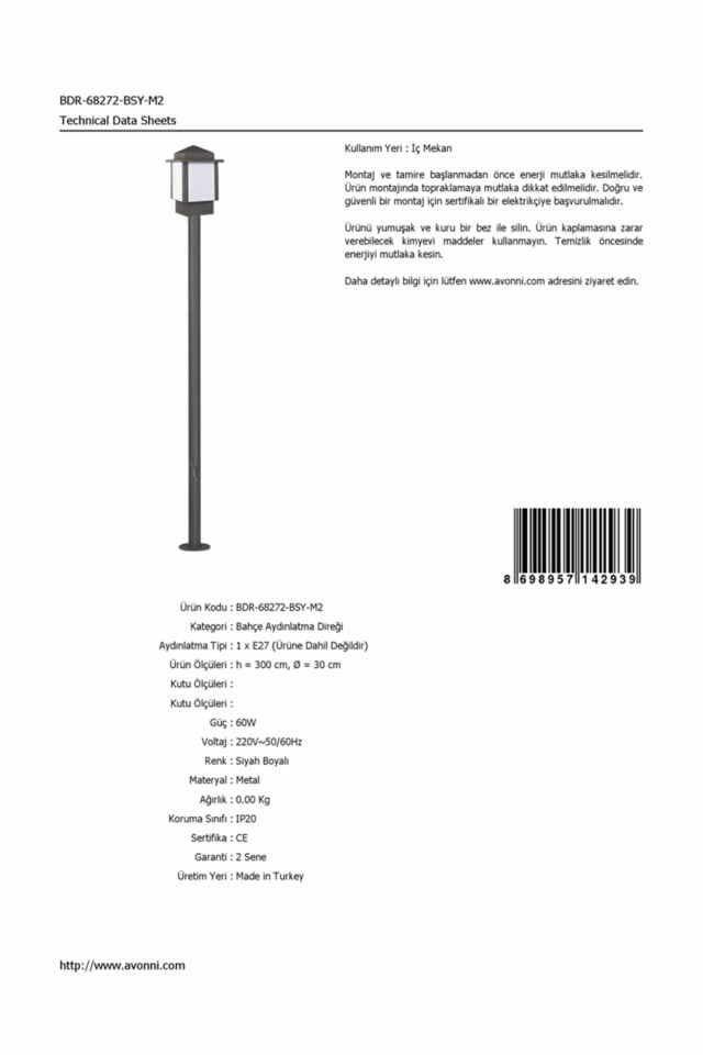 Bahçe Direkleri E27 12W 30cm Çelik Boru Siyah Dorbien-BDR-68272-BSY-M2