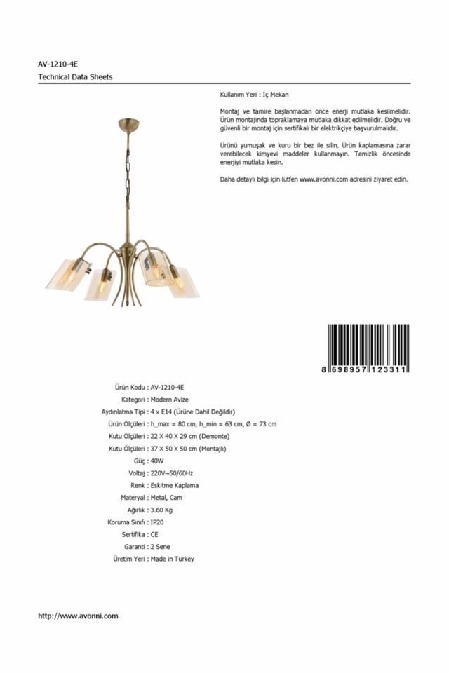 Sima Modern Avize E14 24W 73cm Metal Eskitme Avonni-AV-1210-4E