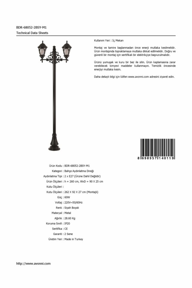 Bahçe Direkleri E27 24W 90x25cm Alüminyum Siyah Dorbien-BDR-68052-2BSY-M1