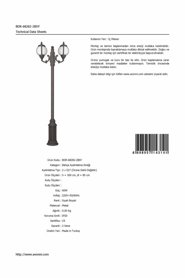 Bahçe Direkleri E27 24W 85cm Çelik Boru Siyah Dorbien-BDR-68282-2BSY