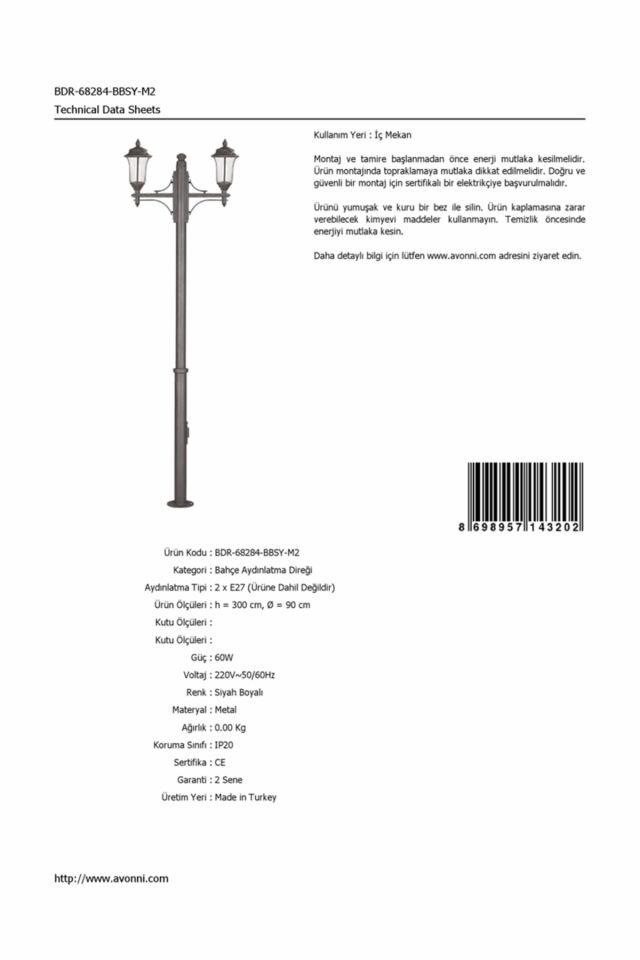 Bahçe Direkleri E27 24W 90cm Çelik Boru Siyah Dorbien-BDR-68284-BBSY-M2