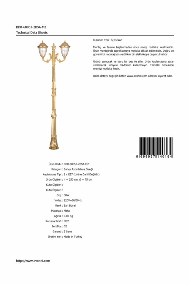 Bahçe Direkleri E27 24W 75cm Alüminyum Sarı Dorbien-BDR-68053-2BSA-M2