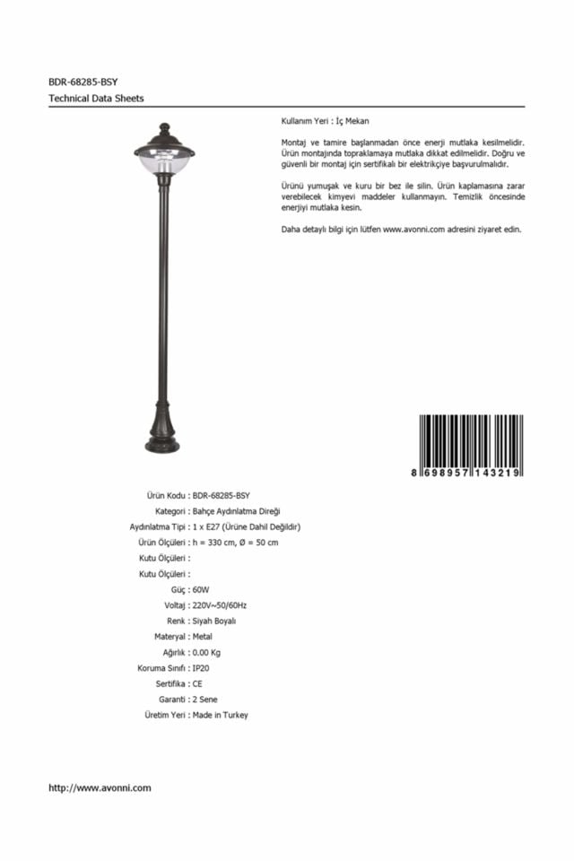 Bahçe Direkleri E27 12W 50cm Çelik Boru Siyah Dorbien-BDR-68285-BSY