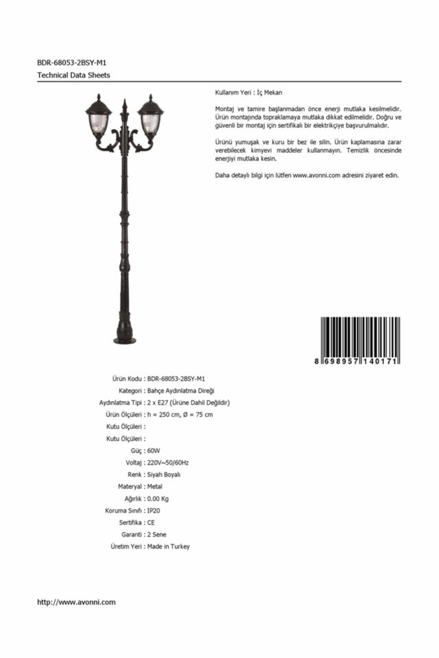 Bahçe Direkleri E27 24W 75cm Alüminyum Siyah Dorbien-BDR-68053-2BSY-M1