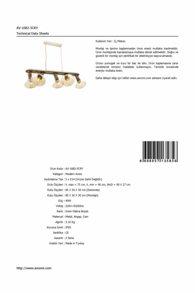 Mushroom Modern Avize E14 30W 90x27cm Metal Krem Patina Avonni-AV-1682-5CRY