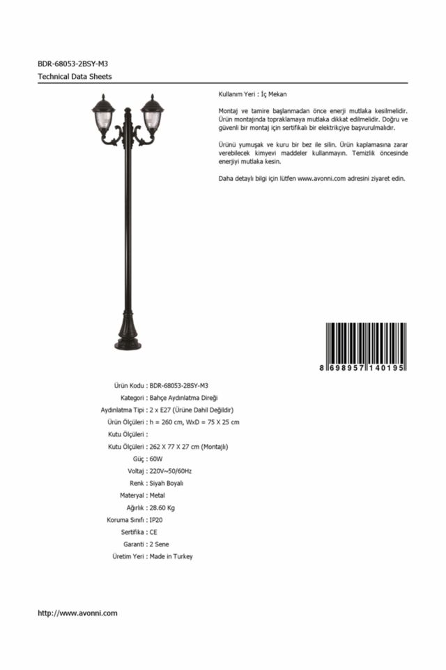 Bahçe Direkleri E27 24W 75x25cm Alüminyum Siyah Dorbien-BDR-68053-2BSY-M3