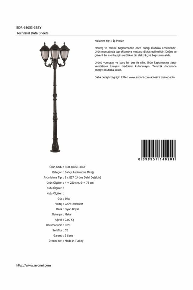 Bahçe Direkleri E27 36W 75cm Alüminyum Siyah Dorbien-BDR-68053-3BSY