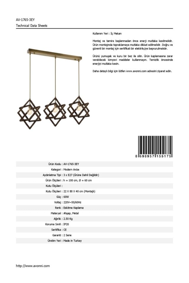 Billie Modern Avize E27 36W 60cm Ahşap Eskitme Avonni-AV-1765-3EY