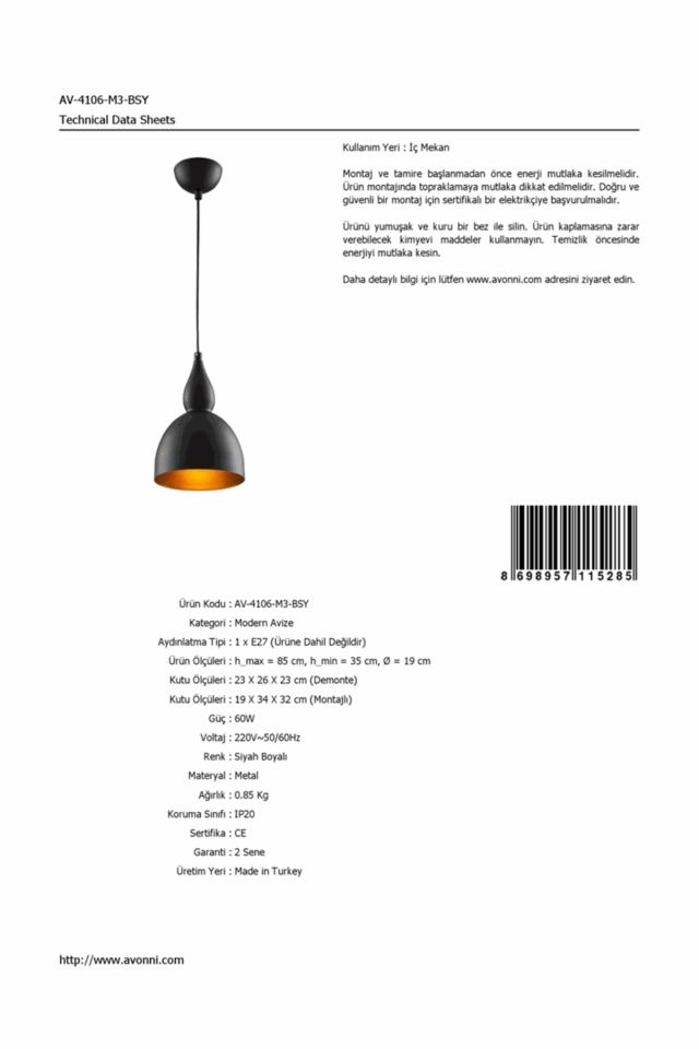 Akasya Modern Avize E27 12W 19cm Metal Siyah Avonni-AV-4106-M3-BSY