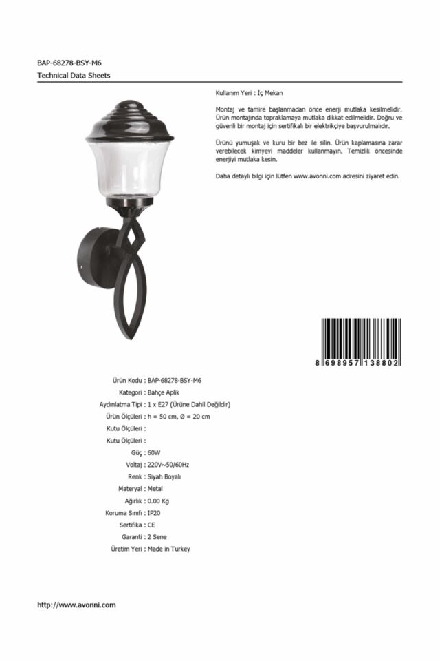 Bahçe Aplik E27 12W 20cm Alüminyum Siyah Dorbien-BAP-68278-BSY-M6