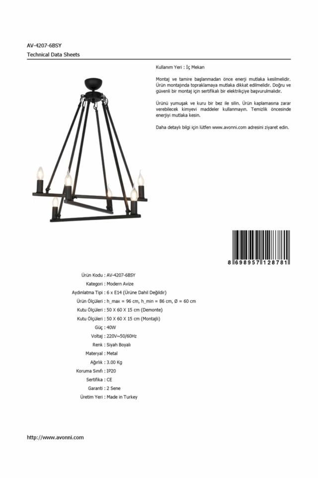 Melısa Modern Avize E14 36W 60cm Metal Siyah Avonni-AV-4207-6BSY