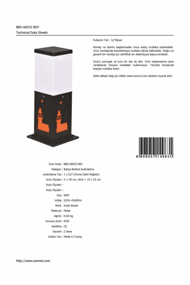 Bahçe Bollard E27 12W 15x15cm Alüminyum Profil Siyah Dorbien-BBO-68252-BSY