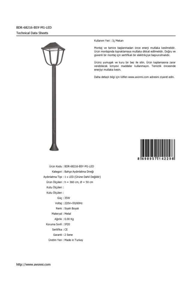 Bahçe Direkleri LED 35W 50cm Çelik Boru Siyah Dorbien-BDR-68216-BSY-M1-LED