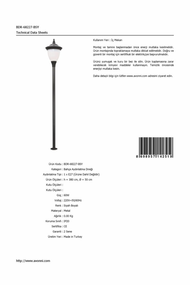 Bahçe Direkleri E27 12W 50cm Çelik Boru Siyah Dorbien-BDR-68227-BSY