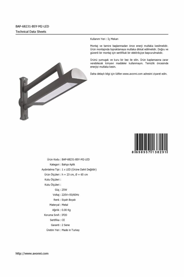 Bahçe Aplik LED 25W 65cm Çelik Boru Siyah Dorbien-BAP-68231-BSY-M2-LED
