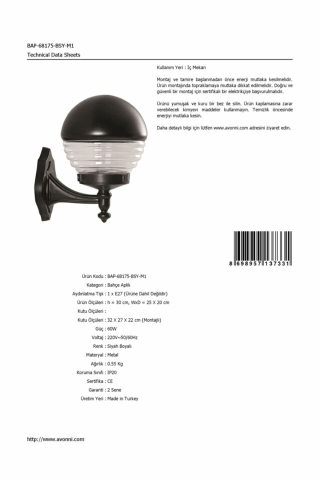 Bahçe Aplik E27 12W 25x20cm ABS Siyah Dorbien-BAP-68175-BSY-M1