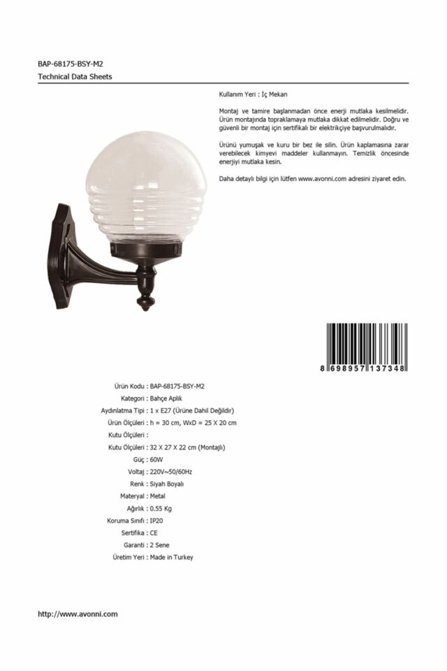 Bahçe Aplik E27 12W 25x20cm ABS Siyah Dorbien-BAP-68175-BSY-M2