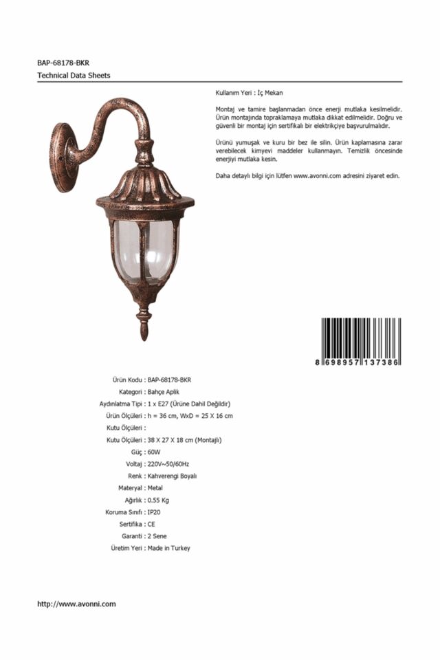 Bahçe Aplik E27 12W 25x16cm ABS Kahverengi Dorbien-BAP-68178-BKR