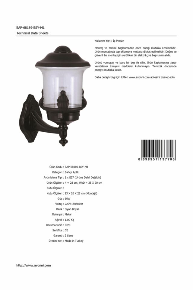 Bahçe Aplik E27 12W 25x20cm ABS Siyah Dorbien-BAP-68189-BSY-M1
