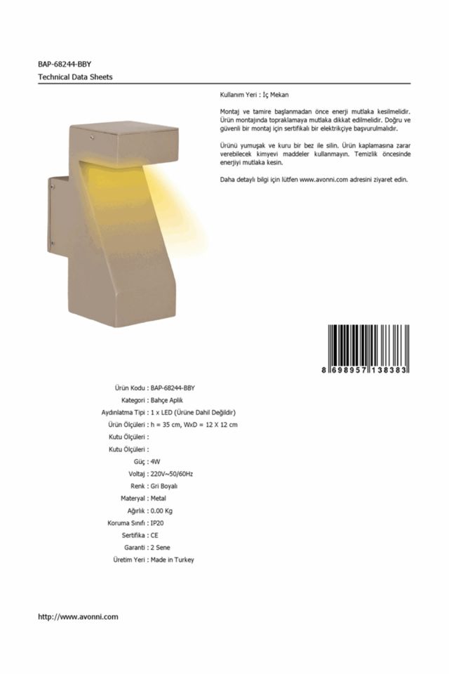 Bahçe Aplik LED 4W 12x12cm Alüminyum Profil Gri Dorbien-BAP-68244-BBY