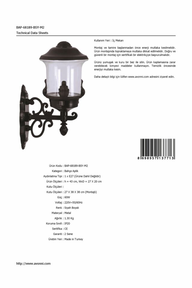 Bahçe Aplik E27 12W 27x20cm ABS Siyah Dorbien-BAP-68189-BSY-M2