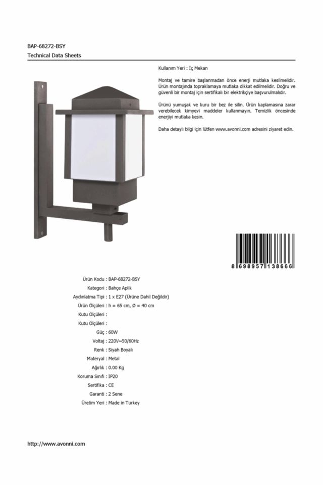 Bahçe Aplik E27 12W 40cm Alüminyum Profil Siyah Dorbien-BAP-68272-BSY