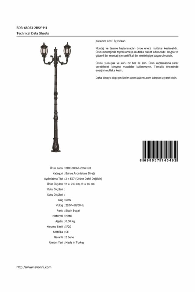 Bahçe Direkleri E27 24W 85cm Alüminyum Siyah Dorbien-BDR-68063-2BSY-M1