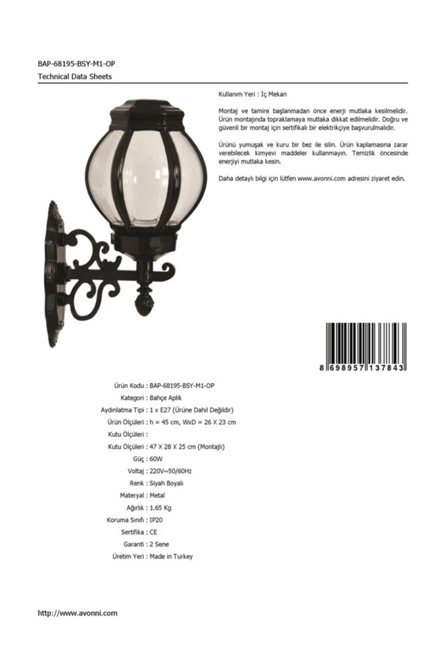 Bahçe Aplik E27 12W 26x23cm ABS Siyah Dorbien-BAP-68195-BSY-M1-OP
