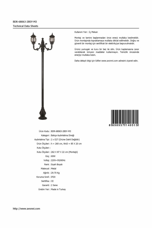 Bahçe Direkleri E27 24W 85x20cm Alüminyum Siyah Dorbien-BDR-68063-2BSY-M3