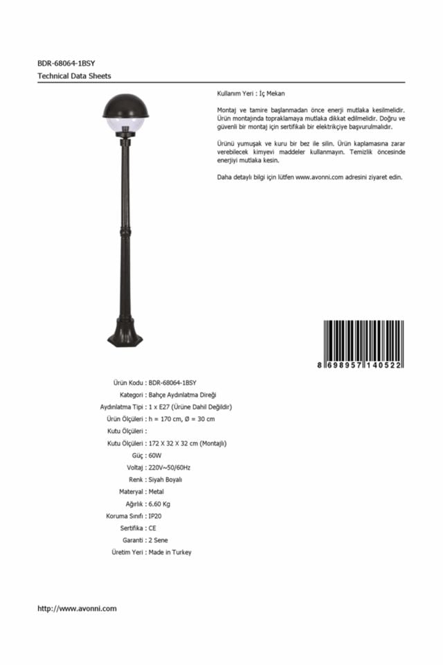 Bahçe Direkleri E27 12W 30cm Alüminyum Siyah Dorbien-BDR-68064-1BSY
