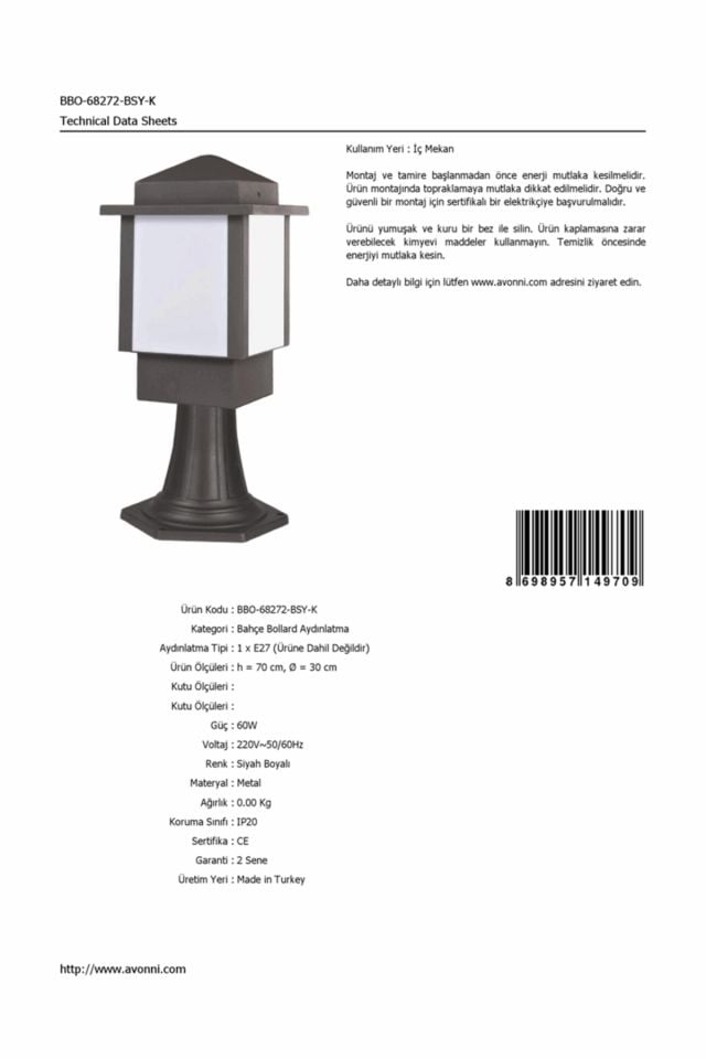 Bahçe Bollard E27 12W 30cm Alüminyum Profil Siyah Dorbien-BBO-68272-BSY-K