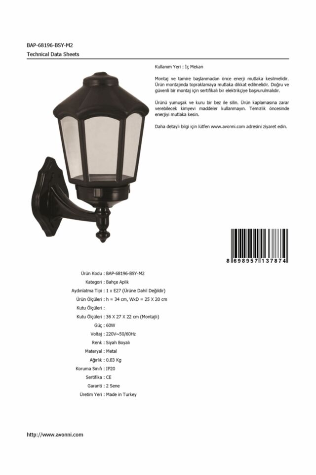 Bahçe Aplik E27 12W 25x20cm ABS Siyah Dorbien-BAP-68196-BSY-M2