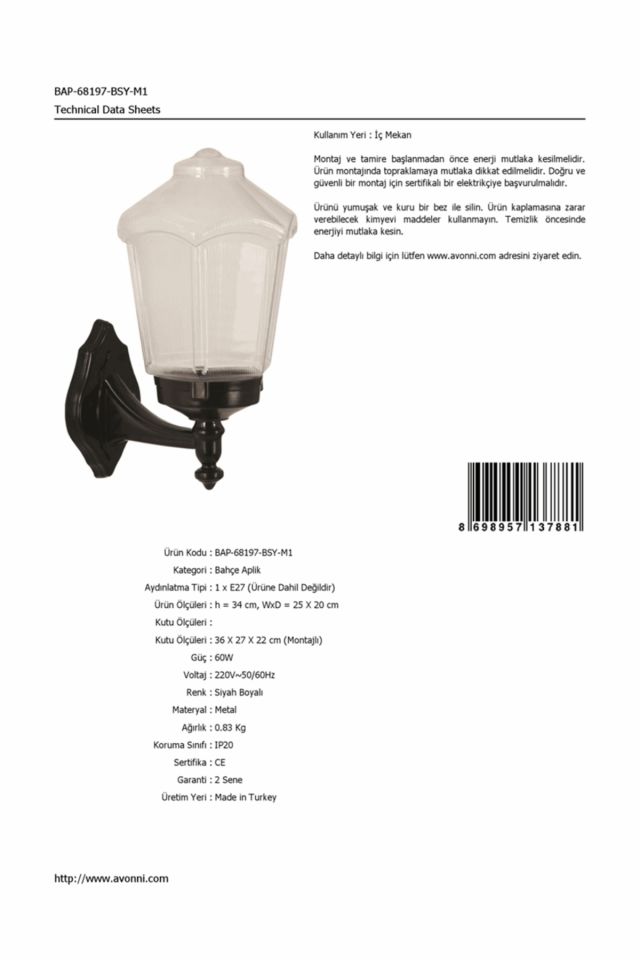 Bahçe Aplik E27 12W 25x20cm ABS Siyah Dorbien-BAP-68197-BSY-M1