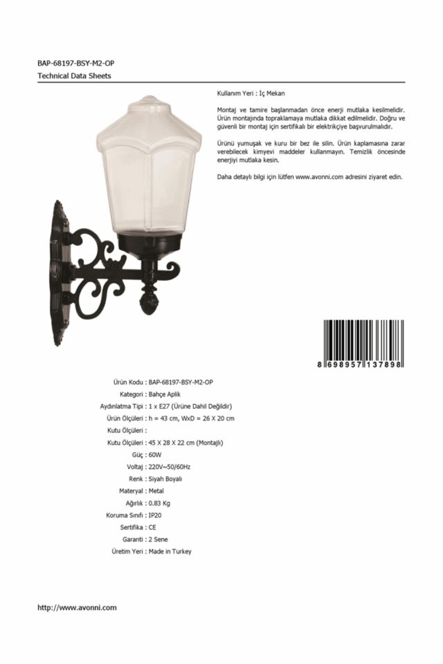 Bahçe Aplik E27 12W 26x20cm ABS Siyah Dorbien-BAP-68197-BSY-M2-OP