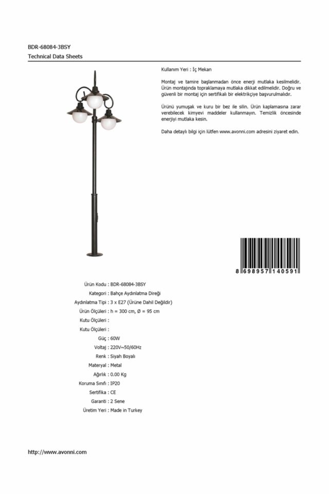 Bahçe Direkleri E27 36W 95cm Alüminyum Siyah Dorbien-BDR-68084-3BSY
