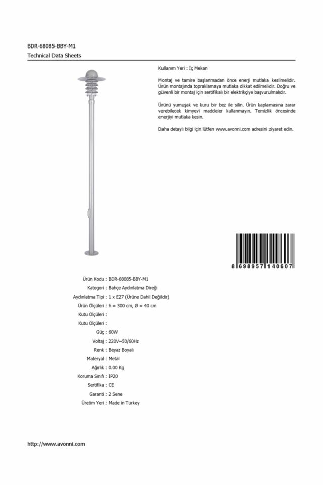 Bahçe Direkleri E27 12W 40cm Alüminyum Beyaz Dorbien-BDR-68085-BBY-M1