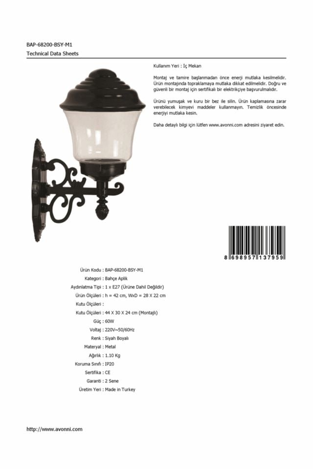 Bahçe Aplik E27 12W 28x22cm ABS Siyah Dorbien-BAP-68200-BSY-M1