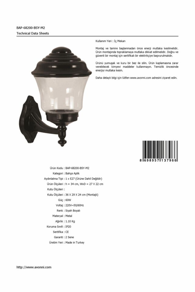Bahçe Aplik E27 12W 27x22cm ABS Siyah Dorbien-BAP-68200-BSY-M2