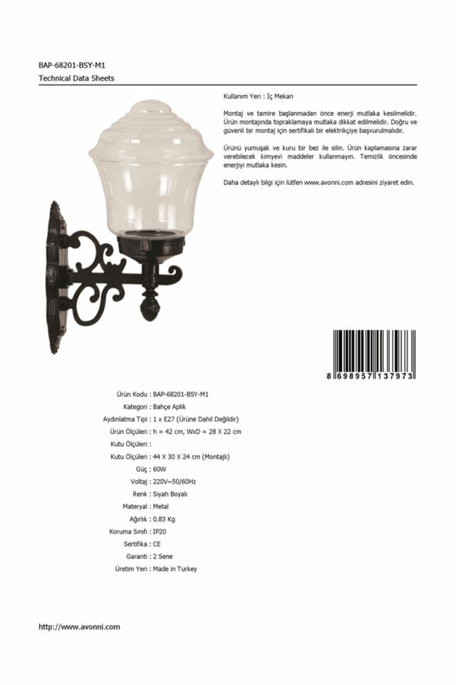 Bahçe Aplik E27 12W 28x22cm ABS Siyah Dorbien-BAP-68201-BSY-M1