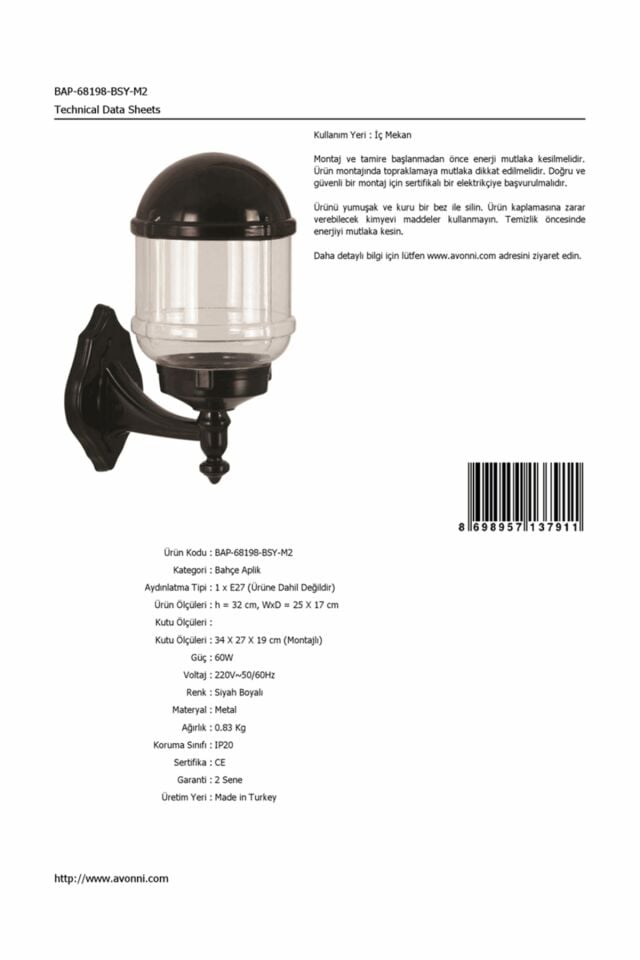 Bahçe Aplik E27 12W 25x17cm ABS Siyah Dorbien-BAP-68198-BSY-M2