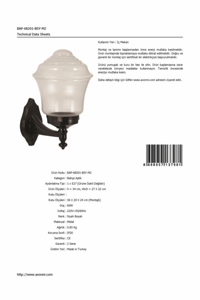 Bahçe Aplik E27 12W 27x22cm ABS Siyah Dorbien-BAP-68201-BSY-M2