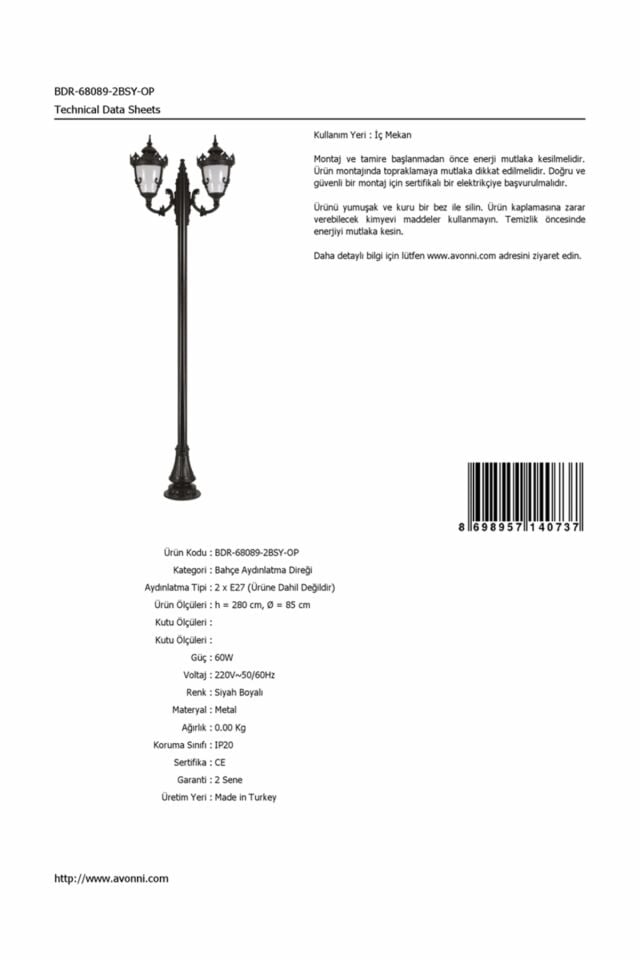 Bahçe Direkleri E27 24W 85cm Alüminyum Siyah Dorbien-BDR-68089-2BSY-OP