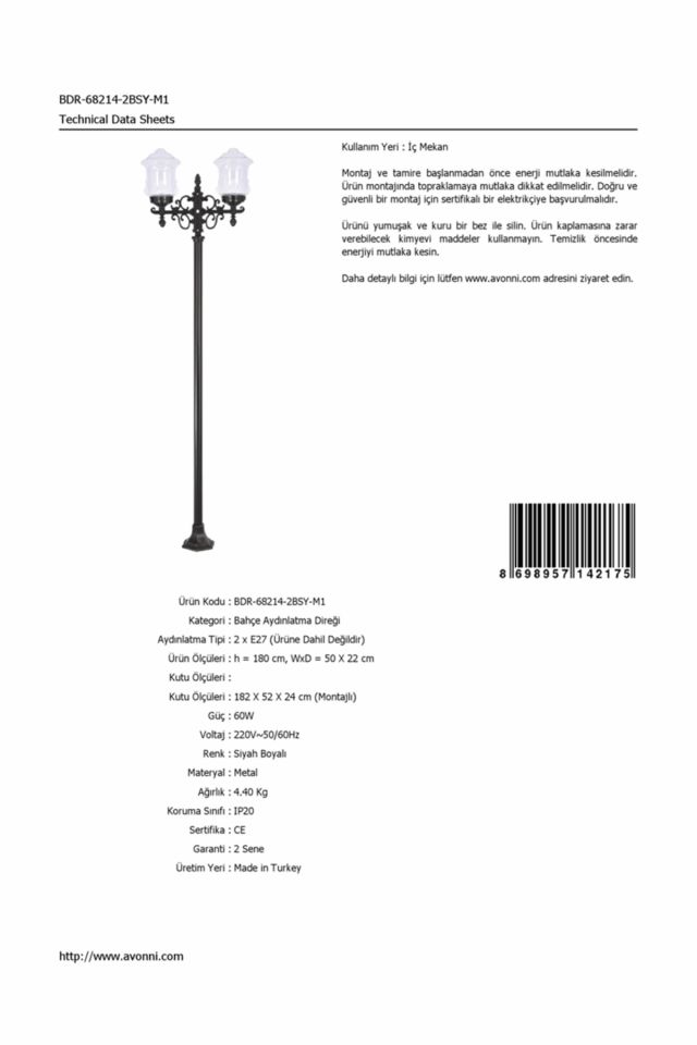 Bahçe Direkleri E27 24W 50x22cm Çelik Boru Siyah Dorbien-BDR-68214-2BSY-M1