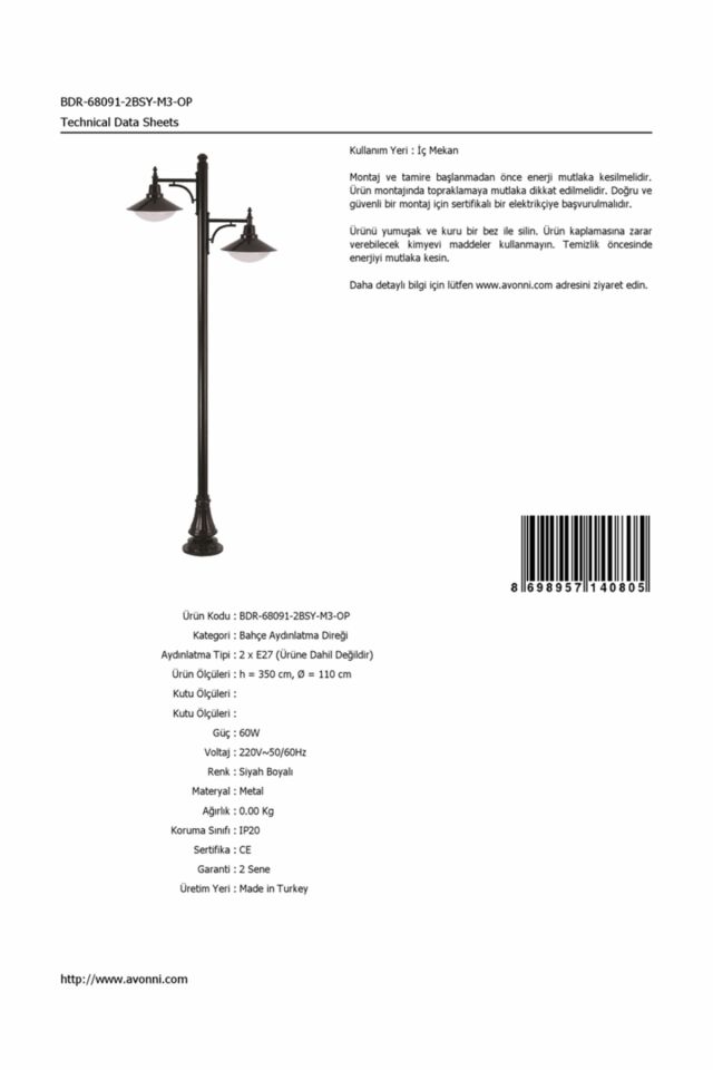 Bahçe Direkleri E27 24W 110cm Alüminyum Siyah Dorbien-BDR-68091-2BSY-M3-OP