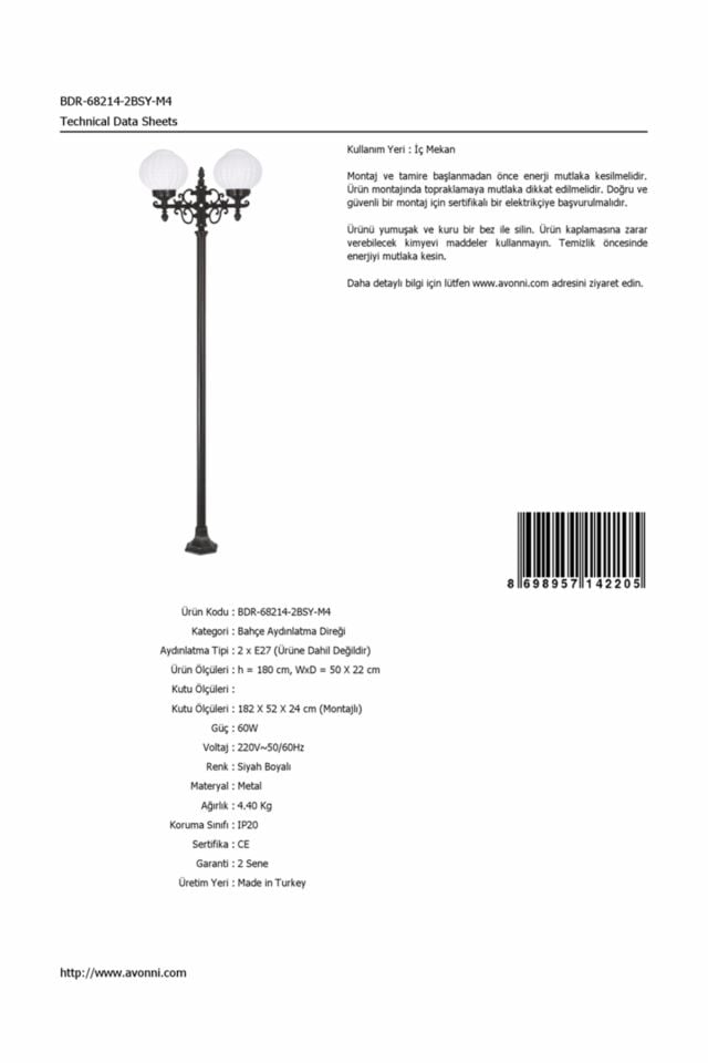 Bahçe Direkleri E27 24W 50x22cm Çelik Boru Siyah Dorbien-BDR-68214-2BSY-M4