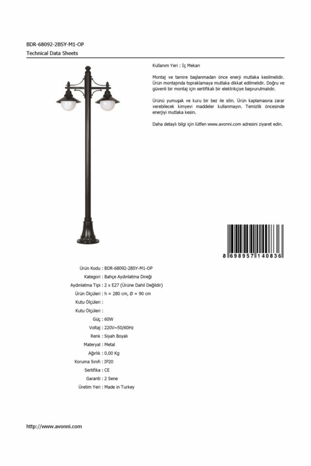 Bahçe Direkleri E27 24W 90cm Alüminyum Siyah Dorbien-BDR-68092-2BSY-M1-OP