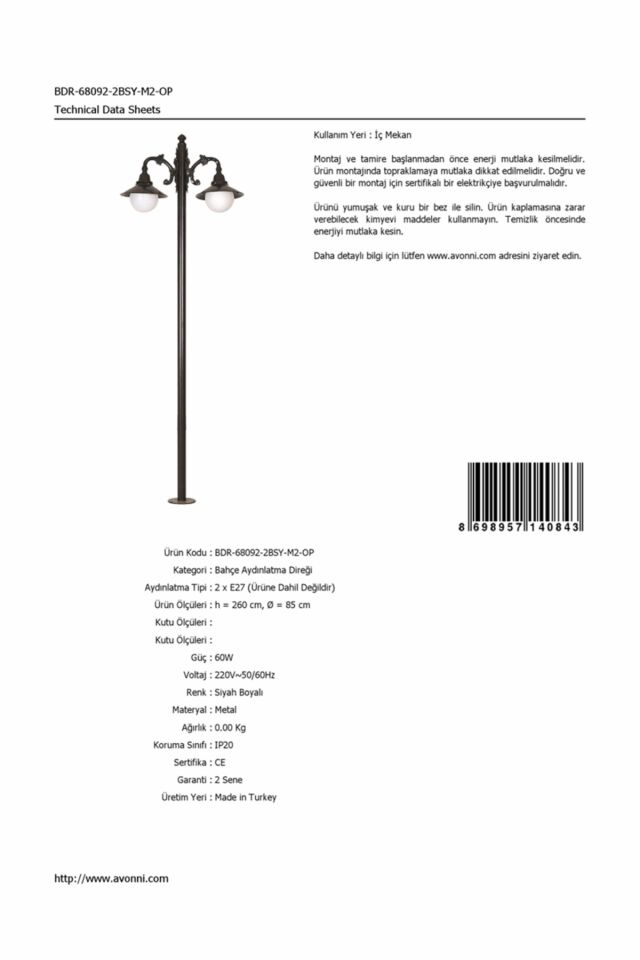 Bahçe Direkleri E27 24W 85cm Alüminyum Siyah Dorbien-BDR-68092-2BSY-M2-OP